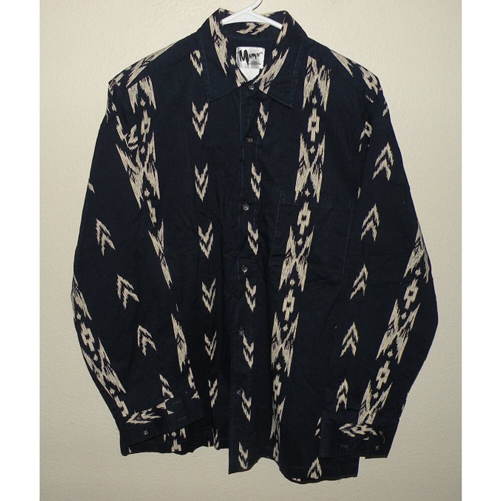 Vtg Mamo Howell Men’s Large LS Shirt Black Beige Hawaiian Aztec Design Made USA